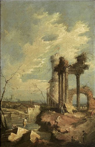 Capricci con rovine architettoniche vedute veneziane e figure